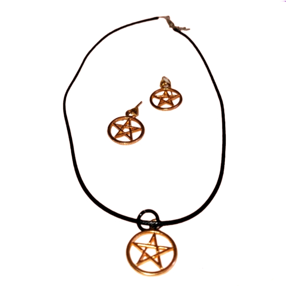 Handmade Gold Tone Pentacle Earrings & Necklace Set!